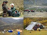 7 3 Talk To Tibetan Boys, Camp At Dhampu, Yak Herders Sleeping Area Two boys from an unseen village wandered up to see us at our lunch stop. We immediately offered them our left over lunches, which they eagerly accepted and put into their small bag. Shane got out her Tibetan phrase book and spoke to them. They were surprised at this foreigner speaking their language and they laughed. The trek was only slightly more difficult as we turned left and started our ascent of the Shao La (5030m). After an hour, Ram stopped us again and we just stood around waiting for Kumar and the yak herders. When Kumar arrived, he said this was Dhampu (4300m), where we were going to camp. The seven yaks rounded the corner with their bells tinkling, being led by the six yak herders who also carried some of our things. We crossed a small stream and Ram and crew quickly set up out tents and served us tea and cookies. The Tibetans set their camp just beyond sight of our tent. They set up two wooden poles about a metre high and hung a striped tarpaulin between them. They hung a second piece of material to close the far end and put their provisions there; the other side was open to the elements.